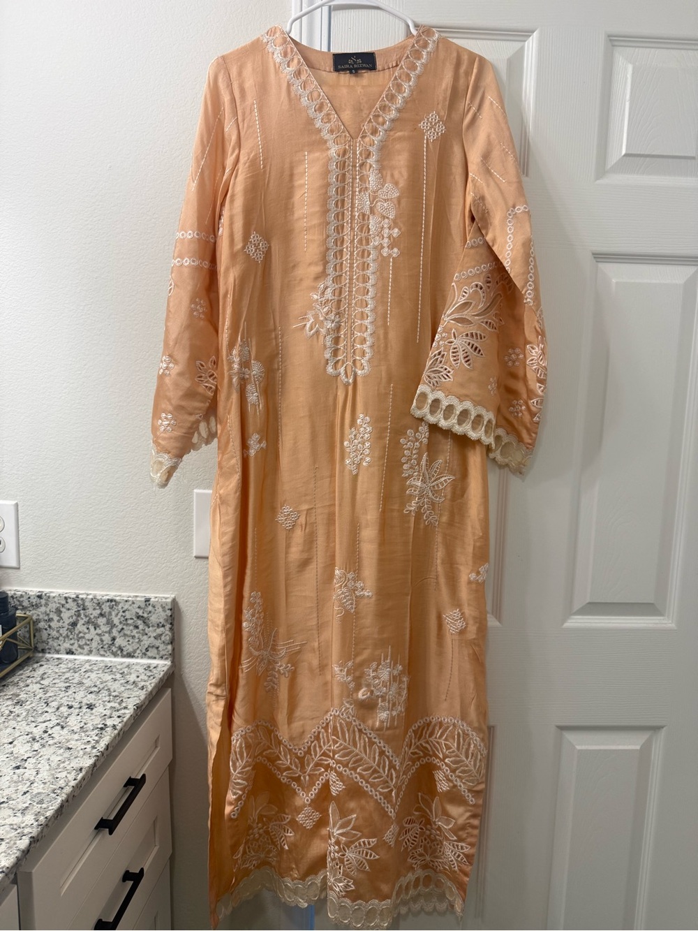 Embroidered Peach Maxi Dress with V-Neck